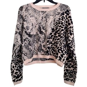 Guess Tamelia Black Cream Animal Print Cropped Sweater Size Large